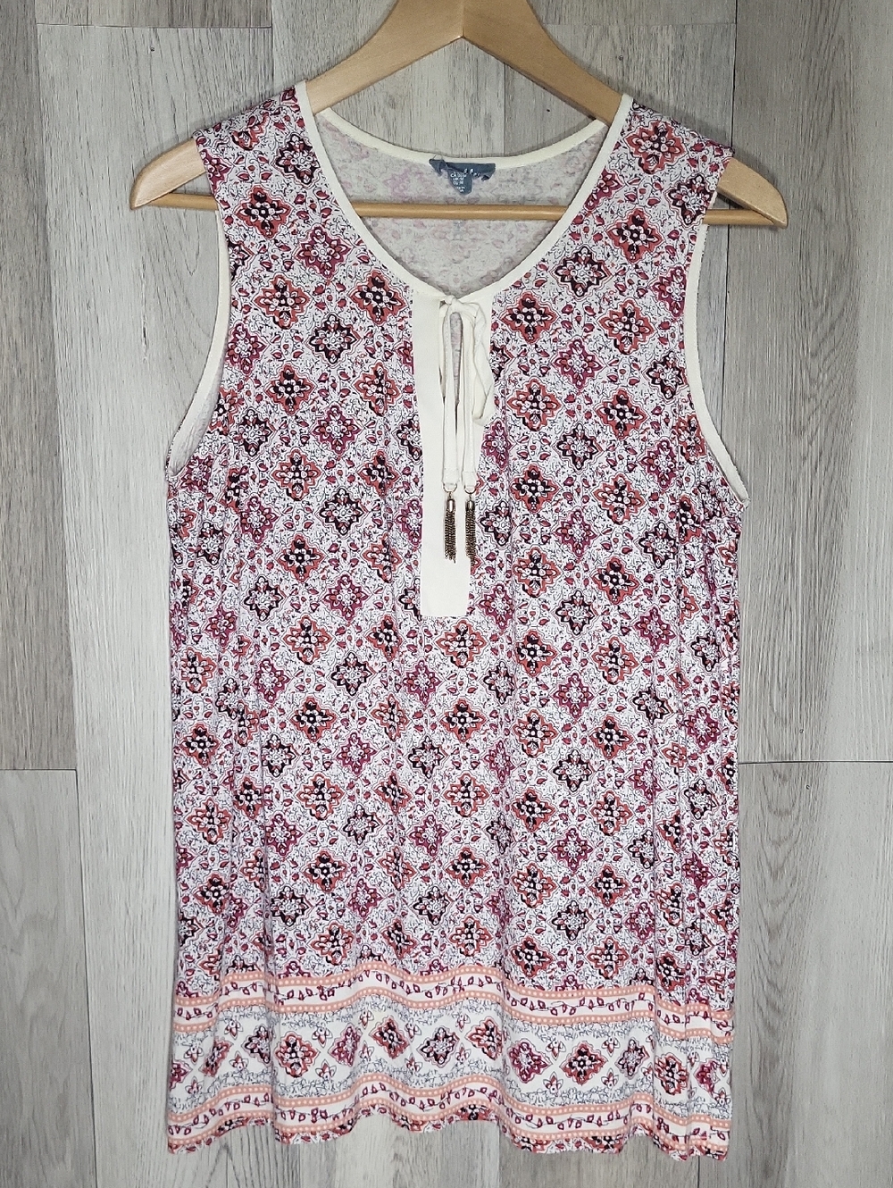 Fleur Bleue Boho Festival Tunic Top Sleeveless Medallion Tassel Flowy Hippie Med